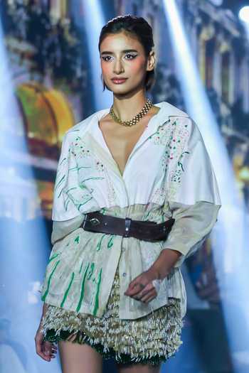 Buy_Rahul Singh_Ivory Cotton, Organza, Silk V-neck Kantha Work Shirt And Skirt Set _Online_at_Aza_Fashions