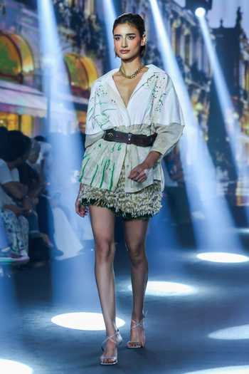 Shop_Rahul Singh_Ivory Cotton, Organza, Silk V-neck Kantha Work Shirt And Skirt Set _Online_at_Aza_Fashions
