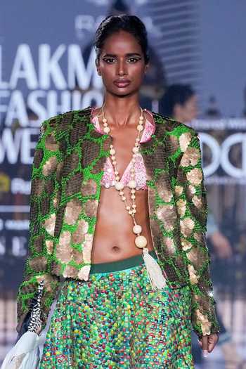 Buy_Rahul Singh_Green Cotton, Silk Organza Hand Embellished Jacket Skirt Set _Online_at_Aza_Fashions