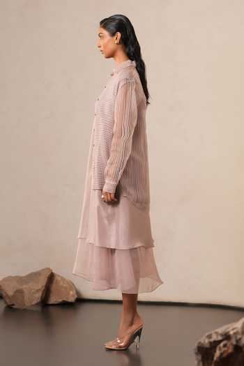 Urvashi Kaur Pink Collared Neck Noil Shirt Online at Aza Fashions Urvashi Kaur_Pink Collared Neck Noil Shirt _Online_at_Aza_Fashions