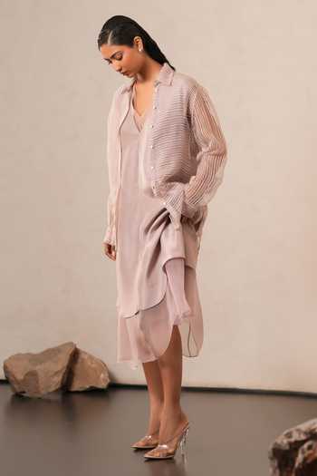 Urvashi Kaur Pink Collared Neck Noil Shirt at Aza Fashions Urvashi Kaur_Pink Collared Neck Noil Shirt _at_Aza_Fashions