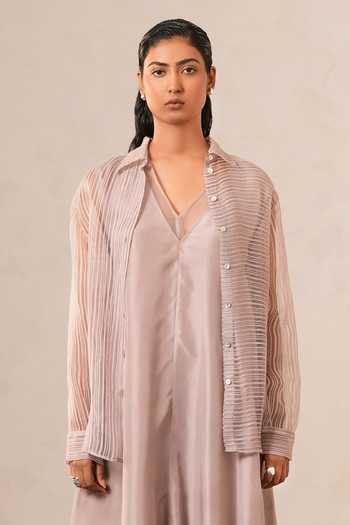 Buy Urvashi Kaur Pink Collared Neck Noil Shirt Buy_Urvashi Kaur_Pink Collared Neck Noil Shirt