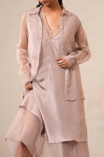 Shop Urvashi Kaur Pink Collared Neck Noil Shirt Shop_Urvashi Kaur_Pink Collared Neck Noil Shirt