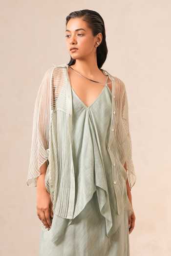 Urvashi Kaur Green Collared Neck Button Down Shirt Online at Aza Fashions Urvashi Kaur_Green Collared Neck Button Down Shirt _Online_at_Aza_Fashions