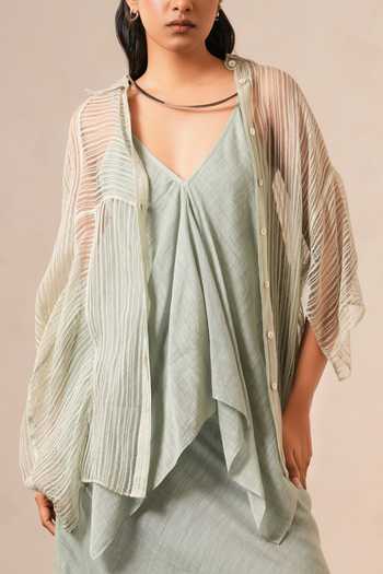 Urvashi Kaur Green Collared Neck Button Down Shirt at Aza Fashions Urvashi Kaur_Green Collared Neck Button Down Shirt _at_Aza_Fashions