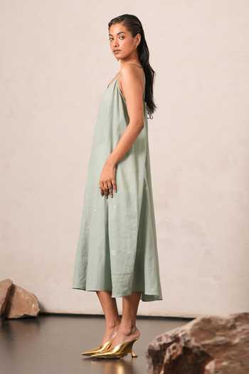 Buy Urvashi Kaur Blue Cotton V-neck Handwoven Jamdani Dress Online at Aza Fashions Buy_Urvashi Kaur_Blue Cotton V-neck Handwoven Jamdani Dress _Online_at_Aza_Fashions