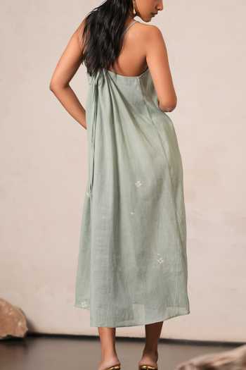 Shop Urvashi Kaur Blue Cotton V-neck Handwoven Jamdani Dress Online at Aza Fashions Shop_Urvashi Kaur_Blue Cotton V-neck Handwoven Jamdani Dress _Online_at_Aza_Fashions