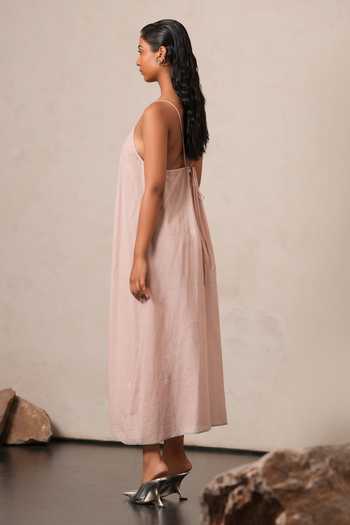 Urvashi Kaur Pink Cotton V-neck Handwoven Dress Online at Aza Fashions Urvashi Kaur_Pink Cotton V-neck Handwoven Dress _Online_at_Aza_Fashions