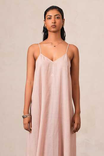 Buy Urvashi Kaur Pink Cotton V-neck Handwoven Dress Online at Aza Fashions Buy_Urvashi Kaur_Pink Cotton V-neck Handwoven Dress _Online_at_Aza_Fashions