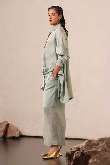 Urvashi Kaur Blue Chanderi, Linen Collared Neck Asymmetric Shirt Online at Aza Fashions Urvashi Kaur_Blue Chanderi, Linen Collared Neck Asymmetric Shirt _Online_at_Aza_Fashions