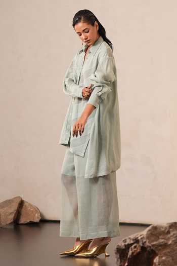 Shop Urvashi Kaur Blue Chanderi, Linen Collared Neck Asymmetric Shirt Online at Aza Fashions Shop_Urvashi Kaur_Blue Chanderi, Linen Collared Neck Asymmetric Shirt _Online_at_Aza_Fashions