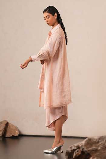 Urvashi Kaur Pink Chanderi, Linen Collared Neck Asymmetric Shirt Online at Aza Fashions Urvashi Kaur_Pink Chanderi, Linen Collared Neck Asymmetric Shirt _Online_at_Aza_Fashions