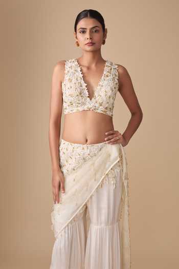Asaga Gold Satin, Tulle V-neck Embroidered Sharara Saree And Blouse Set Online at Aza Fashions Asaga_Gold Satin, Tulle V-neck Embroidered Sharara Saree And Blouse Set _Online_at_Aza_Fashions