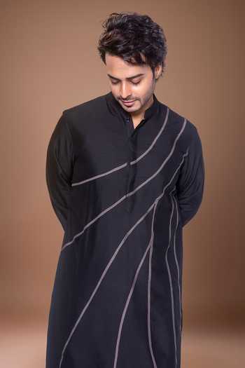 Shop Priyanka Haralalka Black Silk, Cotton Desert Line Embroidered Kurta Set Online at Aza Fashions Shop_Priyanka Haralalka_Black Silk, Cotton Desert Line Embroidered Kurta Set _Online_at_Aza_Fashions