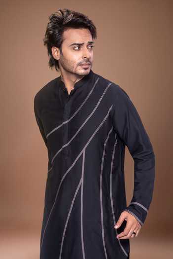 Priyanka Haralalka Black Silk, Cotton Desert Line Embroidered Kurta Set at Aza Fashions Priyanka Haralalka_Black Silk, Cotton Desert Line Embroidered Kurta Set _at_Aza_Fashions