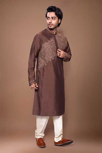 Priyanka Haralalka Brown Silk, Cotton Zardozi Embroidered Kurta Set Online at Aza Fashions Priyanka Haralalka_Brown Silk, Cotton Zardozi Embroidered Kurta Set _Online_at_Aza_Fashions
