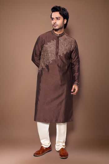 Shop Priyanka Haralalka Brown Silk, Cotton Zardozi Embroidered Kurta Set Online at Aza Fashions Shop_Priyanka Haralalka_Brown Silk, Cotton Zardozi Embroidered Kurta Set _Online_at_Aza_Fashions