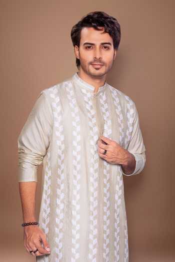 Shop_Priyanka Haralalka_Beige Silk, Cotton Applique Work Kurta Set _Online_at_Aza_Fashions