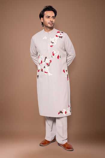 Priyanka Haralalka_Grey Cotton Zardozi Work Kurta Set _Online_at_Aza_Fashions