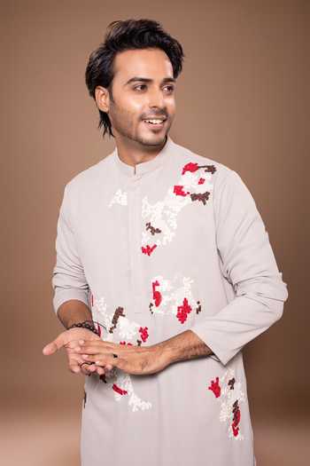 Shop_Priyanka Haralalka_Grey Cotton Zardozi Work Kurta Set _Online_at_Aza_Fashions