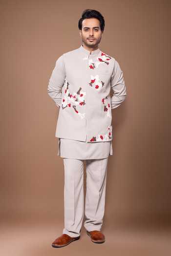 Buy Priyanka Haralalka Grey Cotton Embroidered Bundi And Kurta Set Online at Aza Fashions Buy_Priyanka Haralalka_Grey Cotton Embroidered Bundi And Kurta Set _Online_at_Aza_Fashions