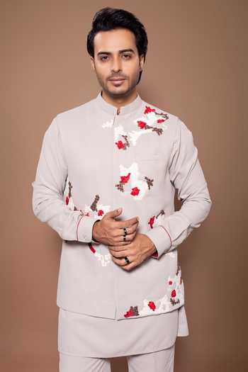 Priyanka Haralalka Grey Cotton Zardozi Embroidered Bundi Online at Aza Fashions Priyanka Haralalka_Grey Cotton Zardozi Embroidered Bundi _Online_at_Aza_Fashions