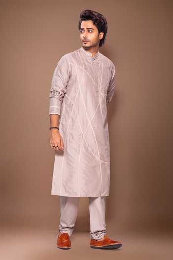 Priyanka Haralalka_Grey Silk, Cotton Hand Embroidered Kurta Set _Online_at_Aza_Fashions