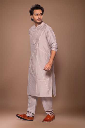 Buy_Priyanka Haralalka_Grey Silk, Cotton Hand Embroidered Kurta Set _Online_at_Aza_Fashions