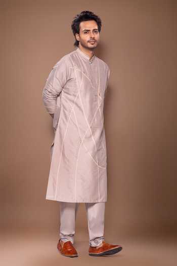 Shop_Priyanka Haralalka_Grey Silk, Cotton Hand Embroidered Kurta Set _Online_at_Aza_Fashions