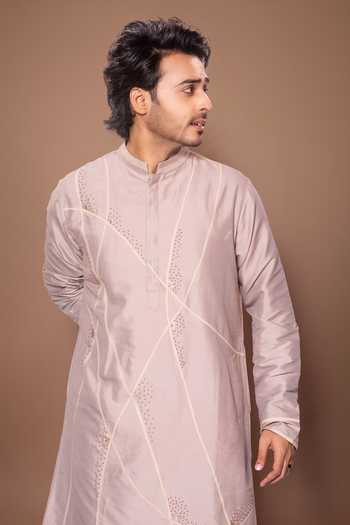 Buy_Priyanka Haralalka_Grey Silk, Cotton Hand Embroidered Kurta Set 