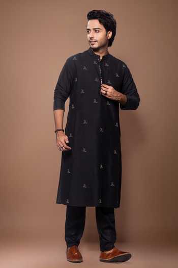 Priyanka Haralalka_Black Silk, Cotton Bird Embroidered Kurta Set _Online_at_Aza_Fashions