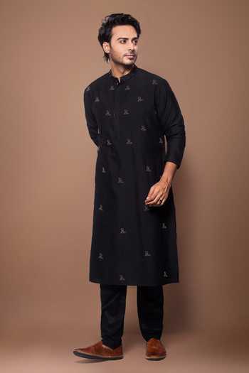 Buy_Priyanka Haralalka_Black Silk, Cotton Bird Embroidered Kurta Set _Online_at_Aza_Fashions