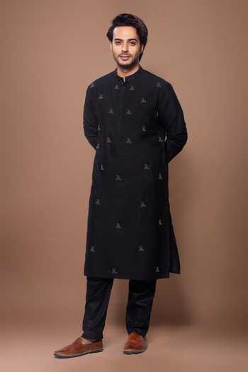 Shop_Priyanka Haralalka_Black Silk, Cotton Bird Embroidered Kurta Set _Online_at_Aza_Fashions