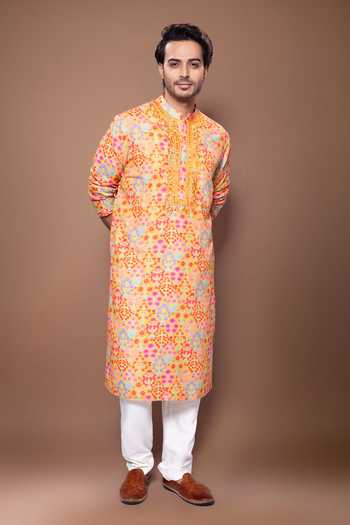 Buy Priyanka Haralalka Yellow Silk, Cotton Floral Print Kurta Set Online at Aza Fashions Buy_Priyanka Haralalka_Yellow Silk, Cotton Floral Print Kurta Set _Online_at_Aza_Fashions