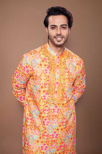 Shop Priyanka Haralalka Yellow Silk, Cotton Floral Print Kurta Set Online at Aza Fashions Shop_Priyanka Haralalka_Yellow Silk, Cotton Floral Print Kurta Set _Online_at_Aza_Fashions