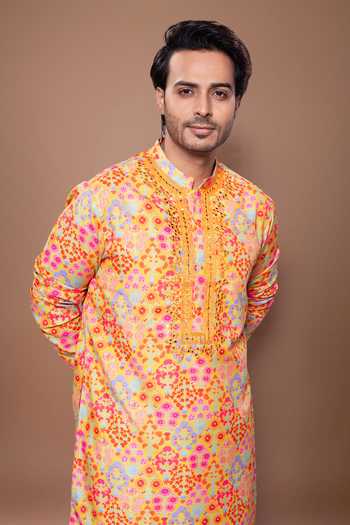 Priyanka Haralalka Yellow Silk, Cotton Floral Print Kurta Set at Aza Fashions Priyanka Haralalka_Yellow Silk, Cotton Floral Print Kurta Set _at_Aza_Fashions