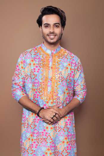 Buy Priyanka Haralalka Blue Silk, Cotton Printed And Embroidered Kurta Set Online at Aza Fashions Buy_Priyanka Haralalka_Blue Silk, Cotton Printed And Embroidered Kurta Set _Online_at_Aza_Fashions
