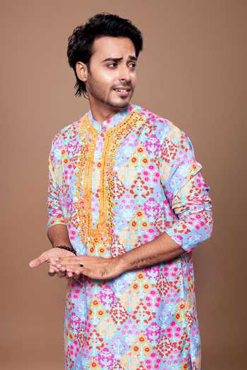 Shop Priyanka Haralalka Blue Silk, Cotton Printed And Embroidered Kurta Set Online at Aza Fashions Shop_Priyanka Haralalka_Blue Silk, Cotton Printed And Embroidered Kurta Set _Online_at_Aza_Fashions