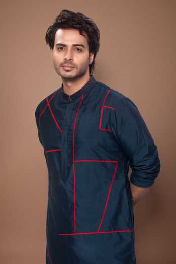Priyanka Haralalka_Blue Silk, Cotton Line Embroidered Kurta Set _Online_at_Aza_Fashions
