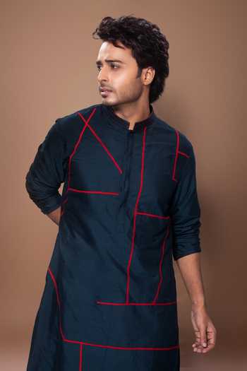Buy_Priyanka Haralalka_Blue Silk, Cotton Line Embroidered Kurta Set _Online_at_Aza_Fashions