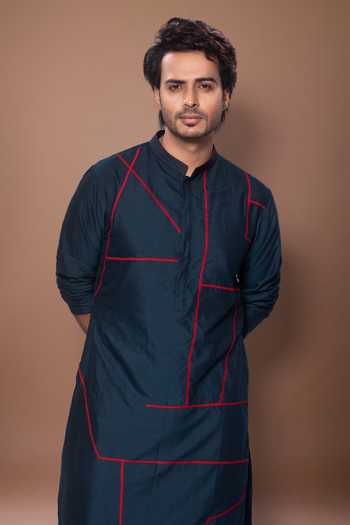 Shop_Priyanka Haralalka_Blue Silk, Cotton Line Embroidered Kurta Set _Online_at_Aza_Fashions