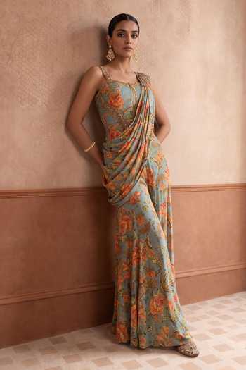 Aneesh Agarwaal Multi Color Chinon Square Neck Gulrukh Printed Palazzo Saree With Blouse Online at Aza Fashions Aneesh Agarwaal_Multi Color Chinon Square Neck Gulrukh Printed Palazzo Saree With Blouse _Online_at_Aza_Fashions