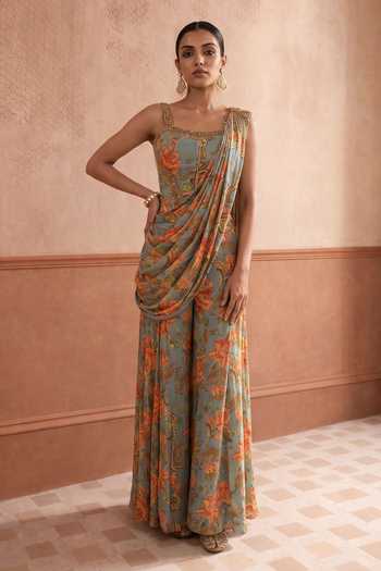 Aneesh Agarwaal Gulrukh Printed Palazzo Saree With Blouse 