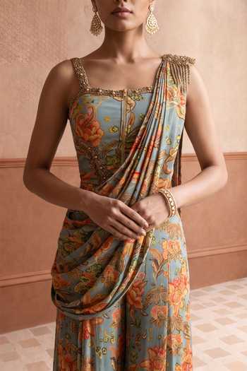 Buy Aneesh Agarwaal Multi Color Chinon Square Neck Gulrukh Printed Palazzo Saree With Blouse Online at Aza Fashions Buy_Aneesh Agarwaal_Multi Color Chinon Square Neck Gulrukh Printed Palazzo Saree With Blouse _Online_at_Aza_Fashions