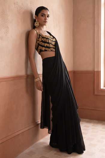 Aneesh Agarwaal Siyahi Pre-Draped Saree With Floral Embroidered Blouse
