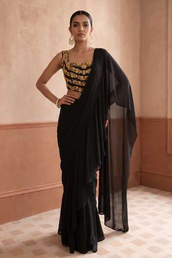 Aneesh Agarwaal Siyahi Pre-Draped Saree With Floral Embroidered Blouse