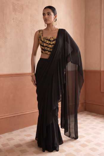 Aneesh Agarwaal Black Chiffon, Organza Siyahi Pre-draped Saree With Floral Embroidered Blouse Online at Aza Fashions Aneesh Agarwaal_Black Chiffon, Organza Siyahi Pre-draped Saree With Floral Embroidered Blouse _Online_at_Aza_Fashions