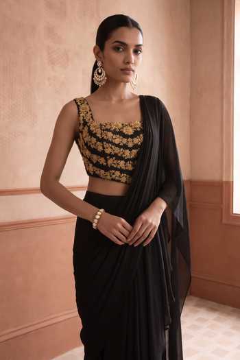Buy Aneesh Agarwaal Black Chiffon, Organza Siyahi Pre-draped Saree With Floral Embroidered Blouse Online at Aza Fashions Buy_Aneesh Agarwaal_Black Chiffon, Organza Siyahi Pre-draped Saree With Floral Embroidered Blouse _Online_at_Aza_Fashions