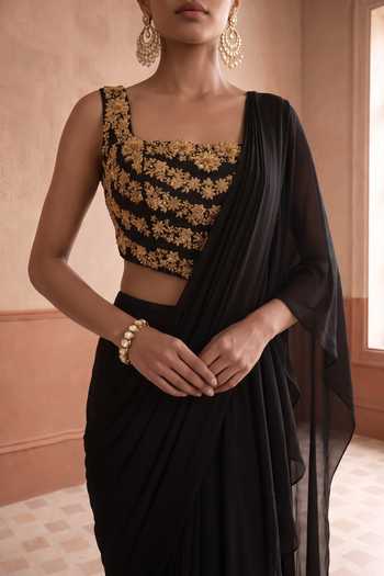 Shop Aneesh Agarwaal Black Chiffon, Organza Siyahi Pre-draped Saree With Floral Embroidered Blouse Online at Aza Fashions Shop_Aneesh Agarwaal_Black Chiffon, Organza Siyahi Pre-draped Saree With Floral Embroidered Blouse _Online_at_Aza_Fashions
