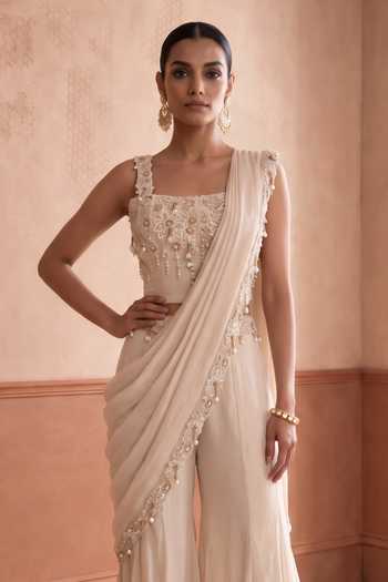 Aneesh Agarwaal Cream Organza Square Neck Alisha Border Embroidered Pant Saree Set Online at Aza Fashions Aneesh Agarwaal_Cream Organza Square Neck Alisha Border Embroidered Pant Saree Set _Online_at_Aza_Fashions